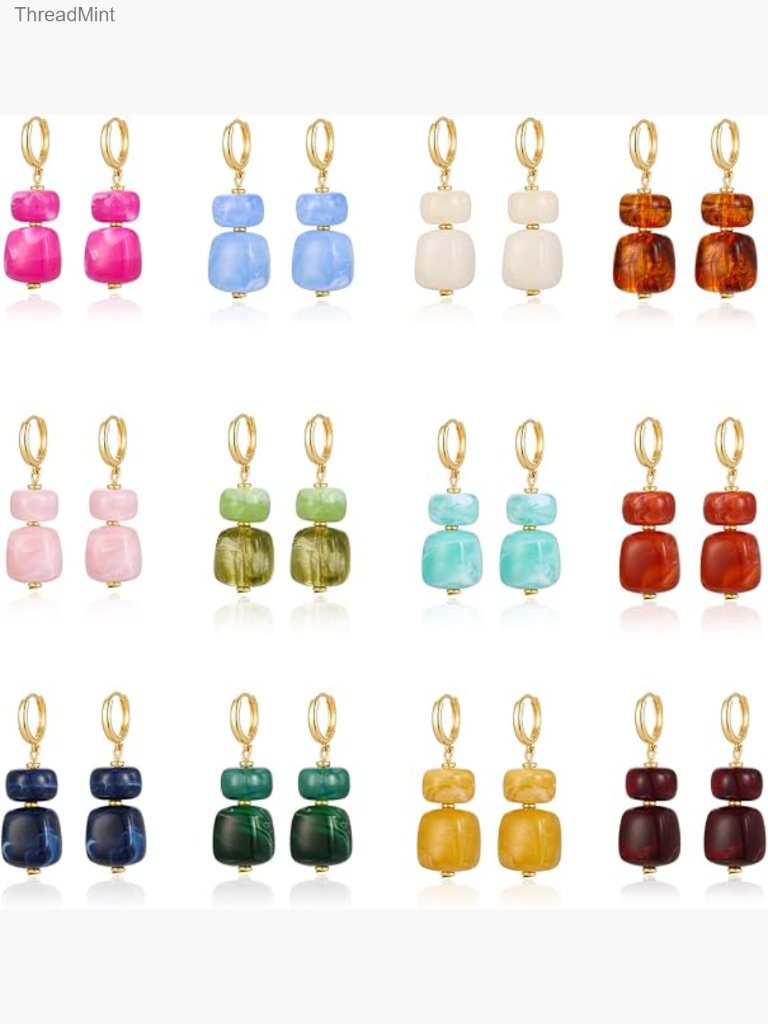 12 Pairs Acrylic Beaded Drop Earrings, 14k Gold Plated, Lightweight Geometric
